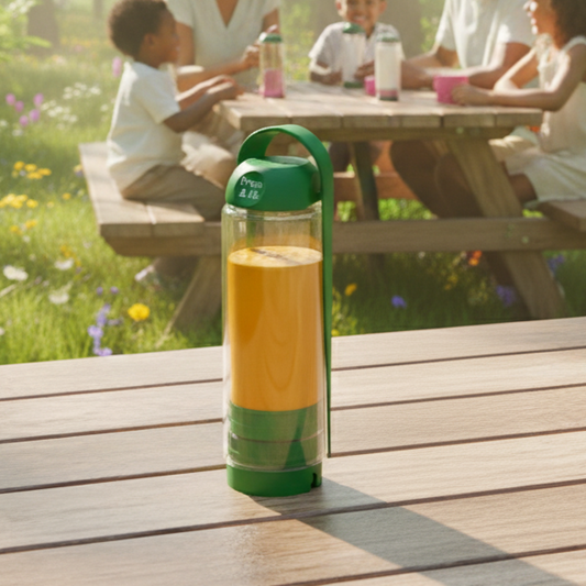 Green and clear koor refillable bottle with pumpkin soup on a wooden table outdoors, with people sitting at a picnic table in the background.