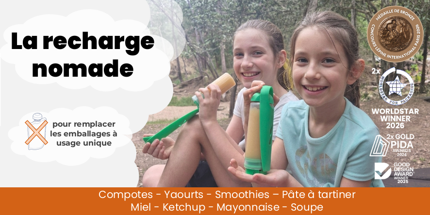 Two children holding a koor refillable bottle