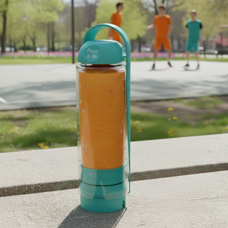 Turquoise koor refillable bottle on a concrete surface with people playing soccer in the background.