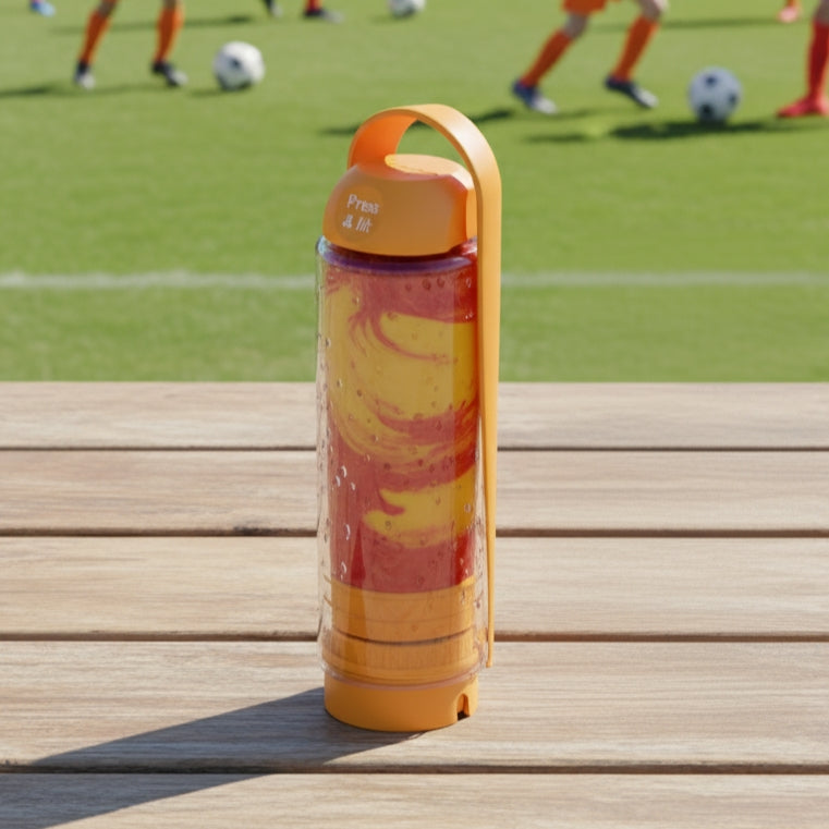 Orange koor refillable bottle with a yellow sleeve on a wooden surface, with a soccer field in the background.