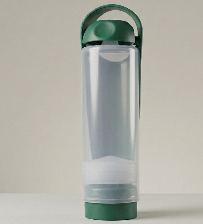 refillable koor bottle with green cap and base on a light gray background