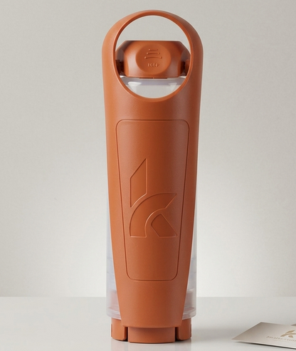 Red / Ocre Koor refillable bottle with the koor logo on a white surface 